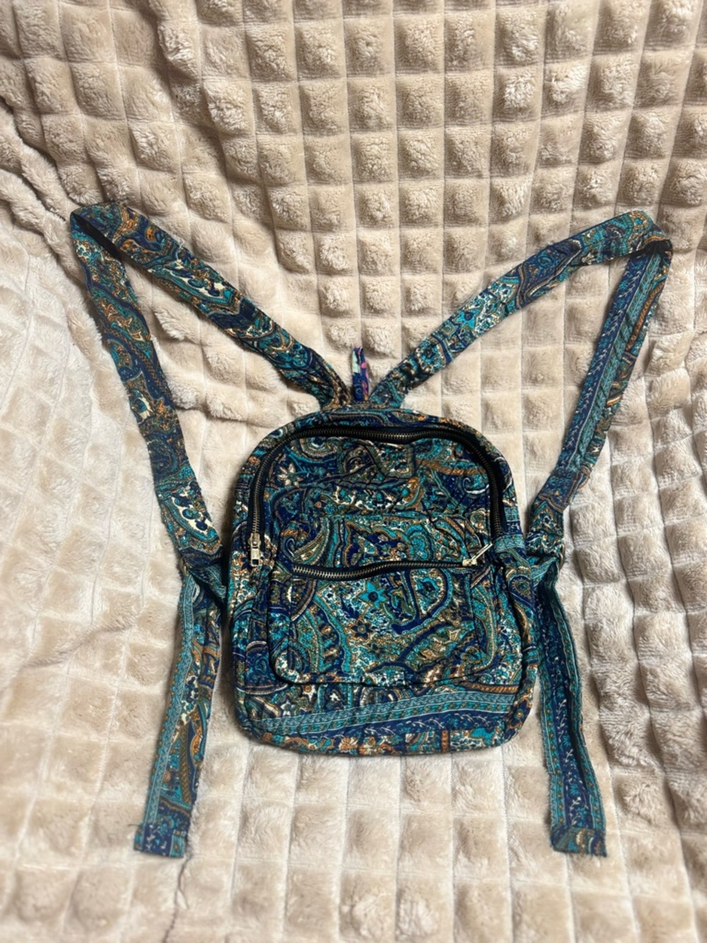 Teal Paisley Quilted Mini Backpack with Gold Accents